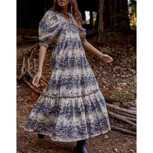 Hunter Bell Palmer Puffed Sleeve Misty Morning Midi Dress Size Small